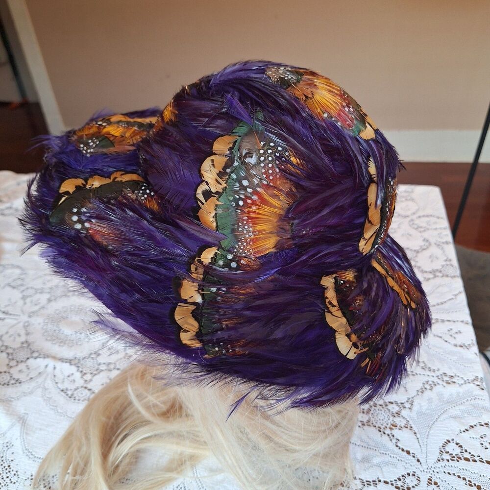 Vintage Bollman Feather Hat Purple multi colored patterned plumage. Nice!